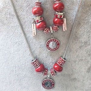 Red Crimson Tide Enamel Charm Necklace and Bracelet Set - Silver Tone